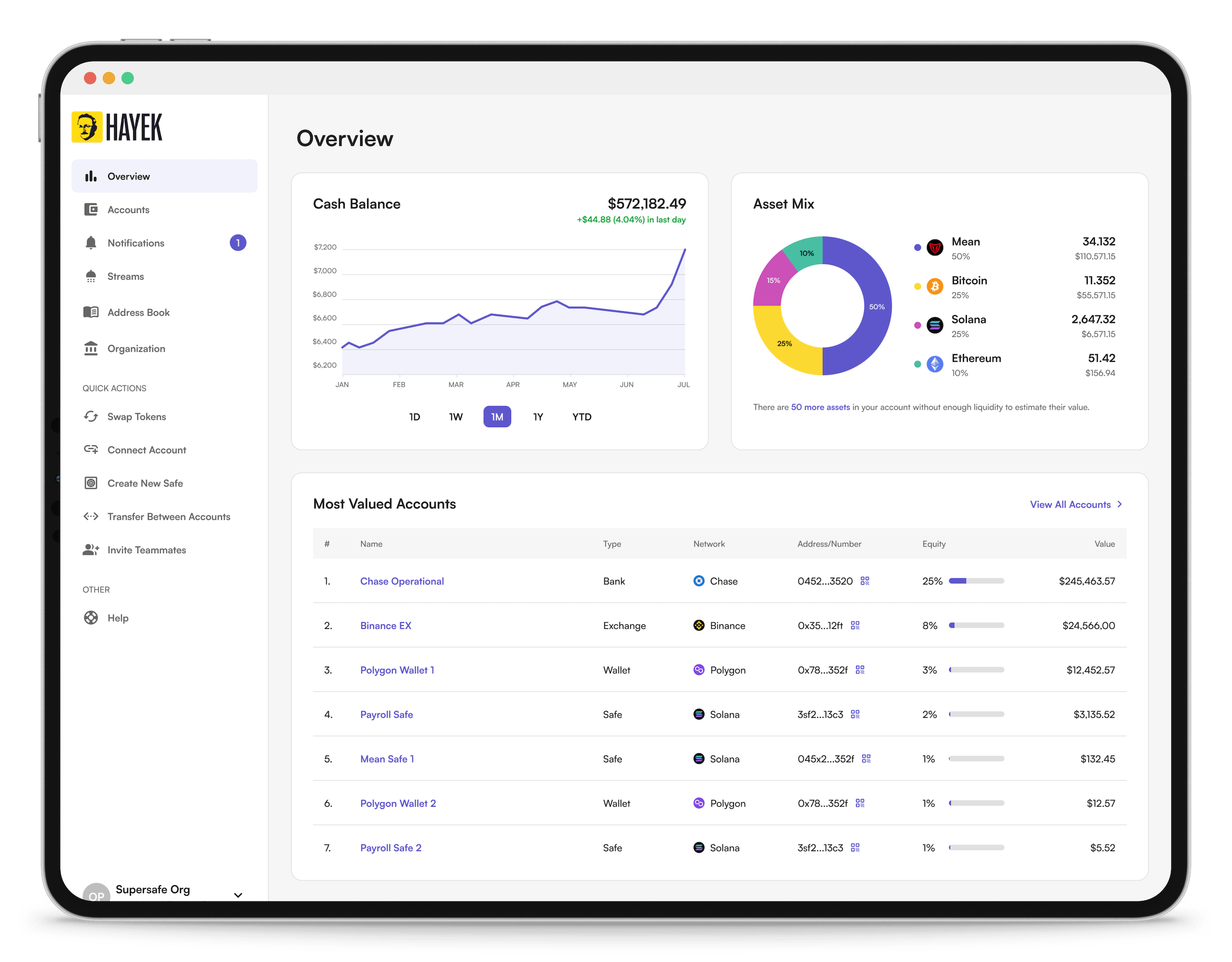 Interface displaying a list view of bank and onchain accounts