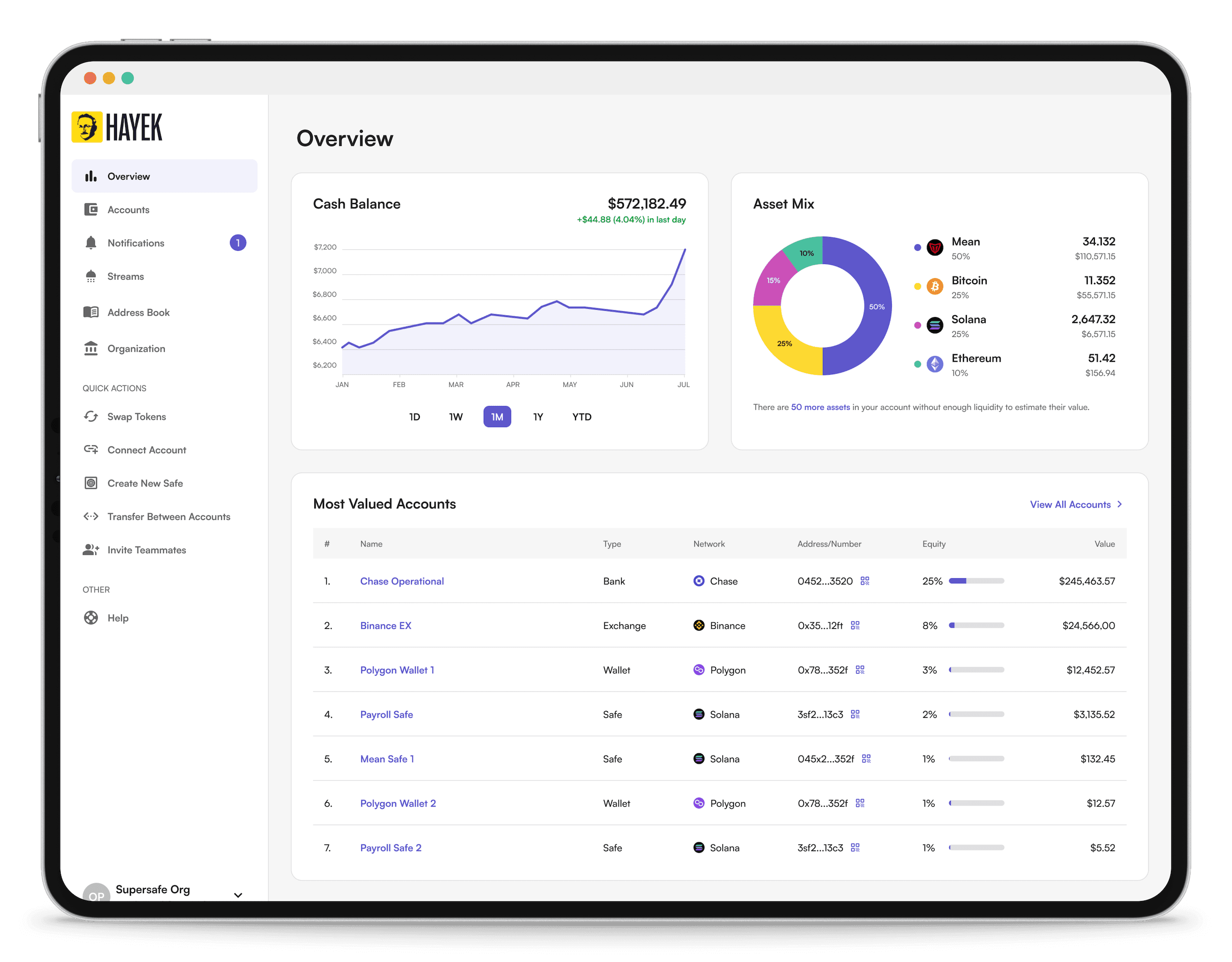 Interface displaying a list view of bank and onchain accounts